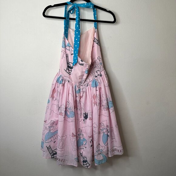 Cute Alice In Wonderland Print Pink & Blue Flowy Halter Top Apron Dress Zip SM - Picture 8 of 11